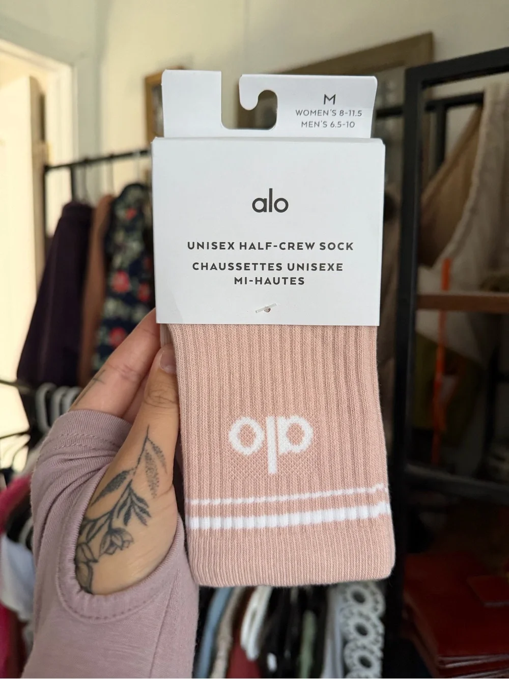 ALO Yoga Half-Crew Sock in Dusty Pink with White Stripe